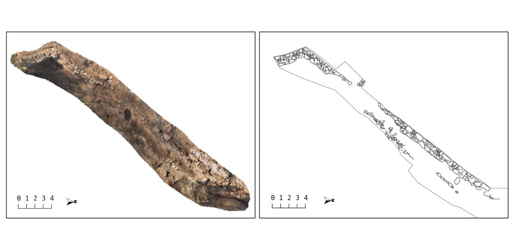 [izq.] Fotogrametría y [dcha.] dibujo de las excavaciones en finalizar la campaña de 2014