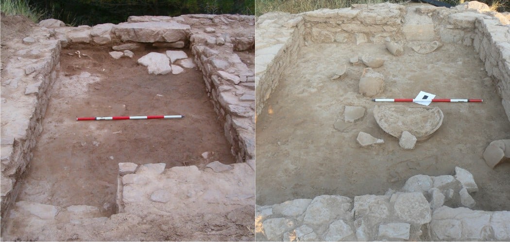 [left] Various fallen materials (remains of animals, metal objects, etc.) above the living level. [right] Fallen dolium and amphora above the ruins of a ceiling or a first floor
