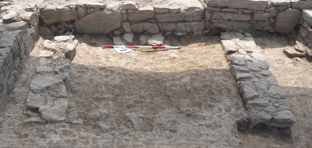 The inner face of the wall is built over the two walls from the previous occupation phase (intermediate phase) and above the demolition level of this same phase