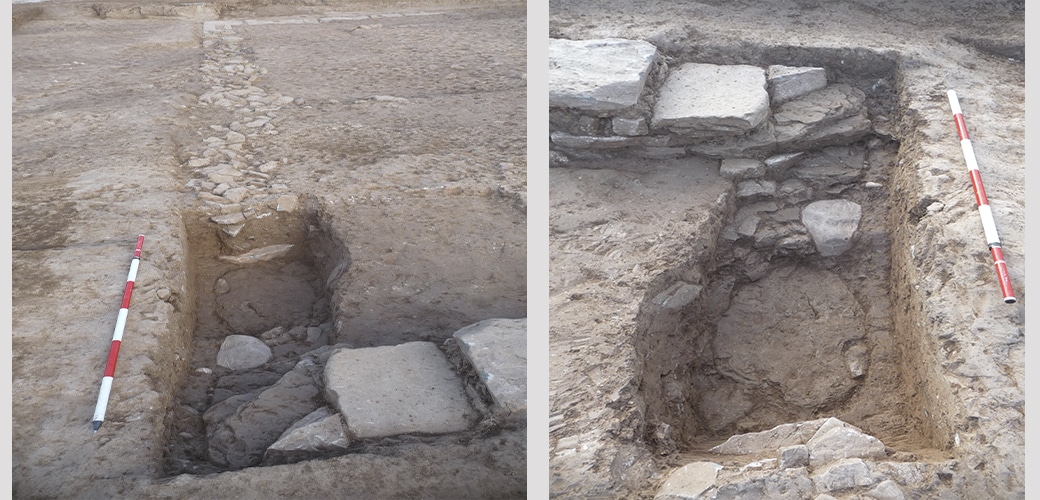 Dos perspectivas del sondeo abierto en la esquina suroeste del edificio. Se observa el muro original roto bajo el nivel de piedras pequeñas en que se llenó la zanja de espolio