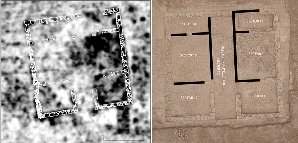 [left] Drawing of the structures located superimposed on the ground-penetrating radar data. [right] Interpretation of the located structures superimposed on a photograph taken from a drone.