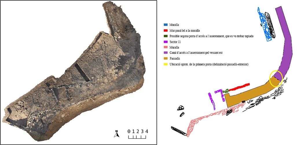[left]. Photogrammetric study at the end of the 2014 season. [right] Location of various excavated structures