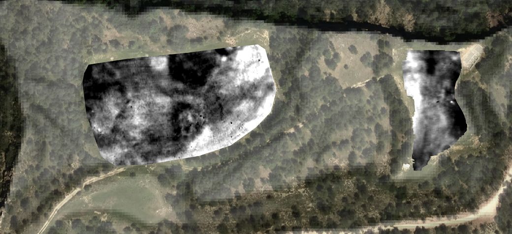 Electrical conductivity map: the black areas were interpreted as either the limey marl bedrock or construction material from the site; the white areas are clayey marls of the upper levels (data: Ghent University, Belgium)