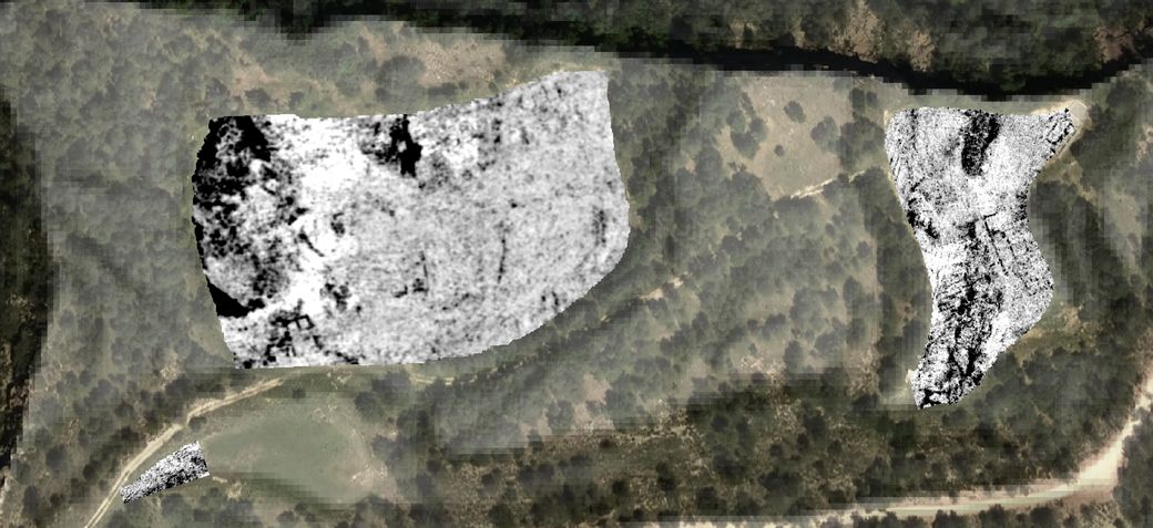 Mapa de reflectivitat georadar: els elements constructius i la roca mare estan representats en negre (dades de SOT Prospecció Arqueològica)