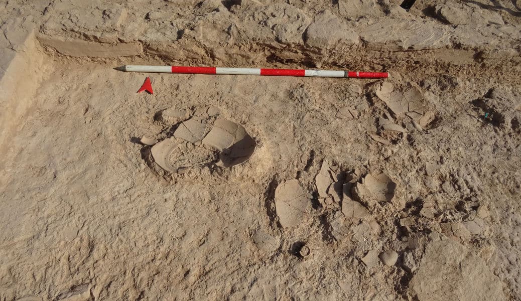 Desparramamiento de cerámica, en concreto varias jarras, caídas encima el suelo de una de los aposentos.