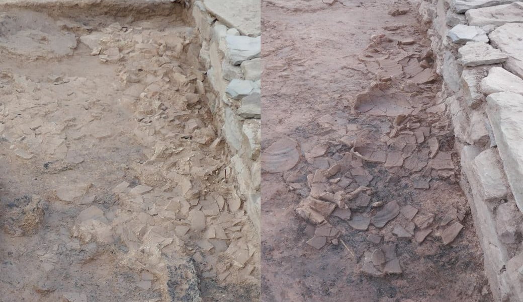 Scattered amphoras. On the left, just at the boundary; on the right, once the upper part of the pieces had been lifted and their bases uncovered.