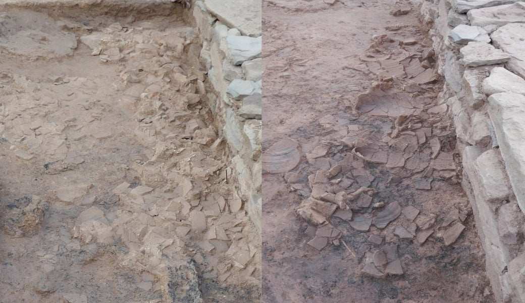 Escampall d’àmfores. A l&#039;esquerra, just en finalitzar la seva delimitació; a la dreta, un cop aixecada la part superior de les peces i posats al descobert els basaments.